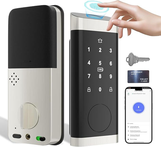 ECOSUNNY Smart Lock Keyless Entry Door Lock, Front Door Lock Set with Fingerprint & Anti-Peep Password, Smart Door Lock with Built-in Wi-Fi and App Control, IP66 Weatherproof for Rentals & Home