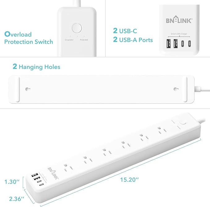 BN LINK Smart Plug Power Strip，Surge Protector with 6 Individually Controlled Smart Outlets, 4 USBs (incl. 20W USB-C), Compatible with Alexa and Google Home