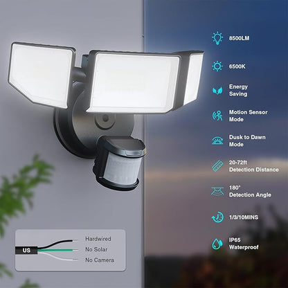 Abovizo 85W Motion Sensor Outdoor Light, 8500LM Ultra-Bright LED Security Light with 3 Adjustable Heads, IP65 Waterproof Dusk to Dawn Flood Light for Garage, Yard, and Driveway, 6500K Daylight, Black