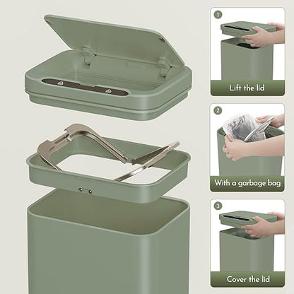 ELPHECO Stainless Steel Office Trash Can Motion Sensor Garbage Can Touchless Smart Trash Can Automatic Waste Bin for Kitchen, Office, Bathroom (Avocado Green, 3.5 Gallons)