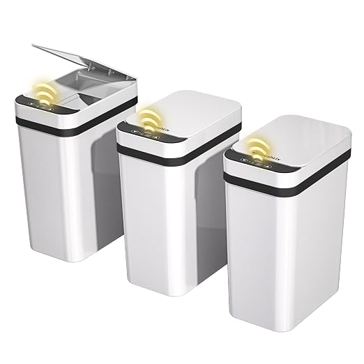 FRESHLIX 3 Pack Bathroom Trash Can 2.6 Gallon Small Touchless Automatic Motion Sensor Trash Cans Slim Waterproof Garbage Bin with Lid for Kitchen, Office, Bedroom White