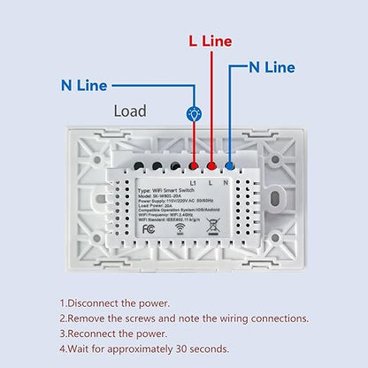 20A WiFi Smart Light Switch 4.65 X 2.83 X 1.34 Inches,1-Button,2.4GHz Wi-Fi Touch Switch,Neutral Wire Required,Work with Smart Life/Tuya App and Alexa,White