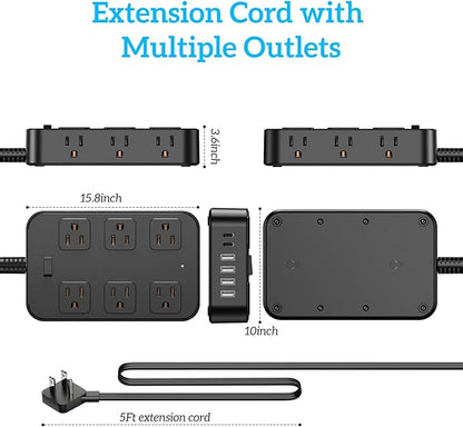 Flat Plug Power Strip Surge Protector 5 Ft Extension Cord with 12 AC Outlets 6 USB Ports 3 Side Multi Plug Outlet Extender Home Office Kitchen Dorm Room Wall Desk Charging Station ETL Listed