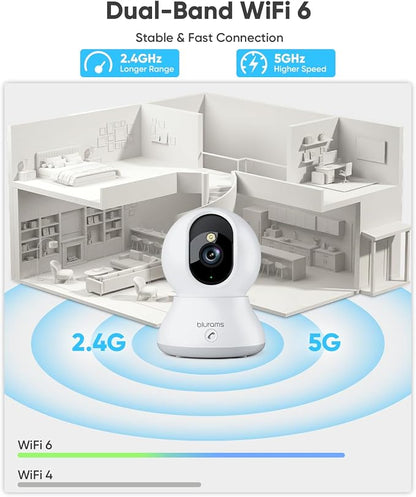 blurams 4MP Cameras for Home Security, 360° PTZ Pet Indoor Camera with Phone App, One-Touch Call, Dual-Band WiFi 6, Free Human/Pet/Motion/Sound/Cry Detection, Compatible with Alexa