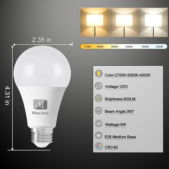 M 3 Color Temperature LED Light Bulb A19 2700K-5000K-4000K,3CCT Color Changing Light Bulbs,Energy Saving 9W(60W Equivalent) LED Bulb,810LM,e 26 Base for Bedroom,Living Room,4 Pack