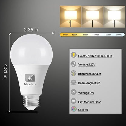 M 3 Color Temperature LED Light Bulb A19 2700K-5000K-4000K,3CCT Color Changing Light Bulbs,Energy Saving 9W(60W Equivalent) LED Bulb,810LM,e 26 Base for Bedroom,Living Room,6 Pack