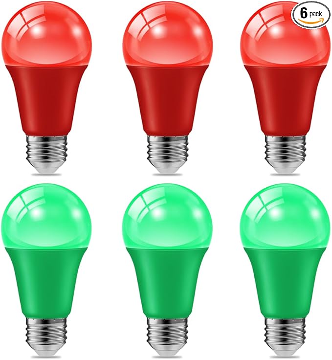 haraqi 6 Pack 9W (60W Equivalent) 120V E26 Base A19 LED Colored Light Bulb, Red Green LED Lights for Party Christmas Decor and Halloween Lighting
