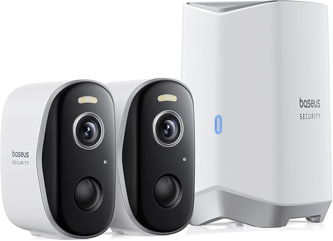 Baseus Wireless Cameras for Home Security, N1 2-Cam Kit with 2K Clarity, No Monthly Fee, 16TB Expandable Local Storage, 210-Day Battery Life, Compatible with Alexa/Google Home, Light Grey