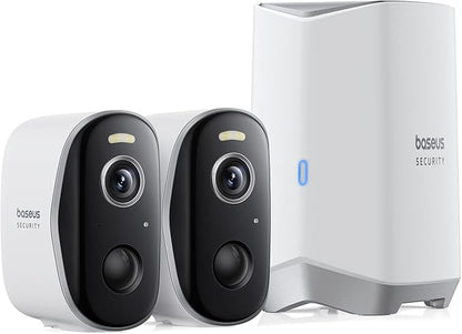 Baseus Wireless Cameras for Home Security, N1 2-Cam Kit with 2K Clarity, No Monthly Fee, 16TB Expandable Local Storage, 210-Day Battery Life, Compatible with Alexa/Google Home, Light Grey