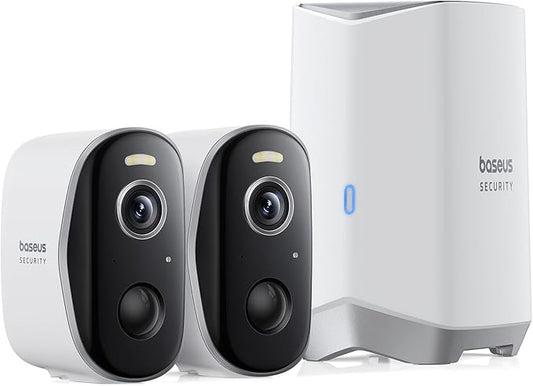 Baseus Wireless Cameras for Home Security, N1 2-Cam Kit with 2K Clarity, No Monthly Fee, 16TB Expandable Local Storage, 210-Day Battery Life, Compatible with Alexa/Google Home, Light Grey