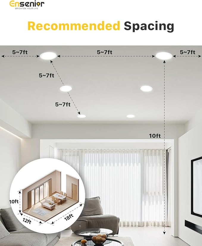 Ensenior 12 Pack 6 Inch LED Recessed Light, Dimmable, 6000K Clear White, 1200LM High Brightness, 12W 120V, 2 Pin, ERL-12X-ETL, Damp Rated, Ultra-Thin Canless Wafer Ceiling Light - ETL & FCC & IC