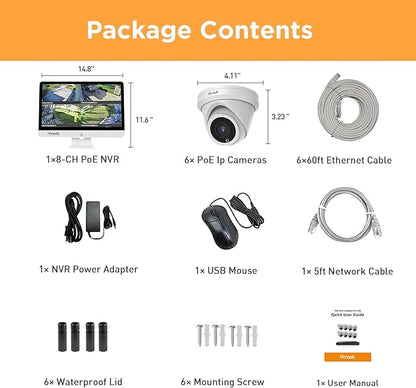 Security Camera System with Monitor, 8CH 8MP NVR with 2TB HDD, 6Pcs IR Dome Wired 5MP PoE IP Camera IP67 Outdoor, Night Vision, Smart AI Human Detection, PD93AM06-5M
