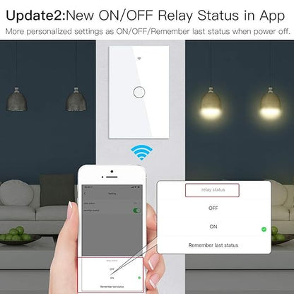 MoesGo WiFi Smart Wall Light Switch,Glass Panel, Multi-Control(3 Way), 2.4GHz Wi-Fi Touch Switches, Neutral Wire Required, Remote Control Smart Life/Tuya App, Work with Alexa, Google Home White 1 Gang