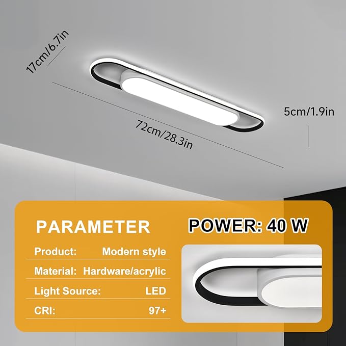 28.3Inch Cool White Modern LED Ceiling Lighting,40W High Brightness Metal Linear Ceiling Lamp,6500K Simple Long Light for Kitchen Dining Living Room Laundry, Garage Cloakroom Lighting