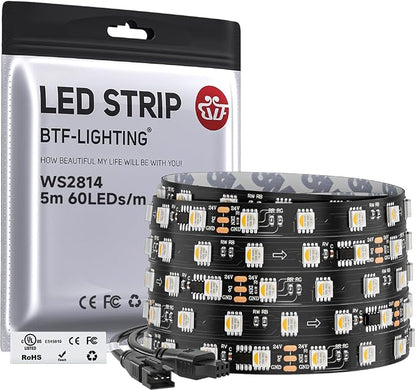 BTF-LIGHTING WS2814 IC RGBW RGB+Warm White UL Listed,DC24V 16.4FT 60LED/m | 10pixel/m,(Similar WS2812B),Addressable4 Colors in 1 Dream Color LED Strip IP30 for Home Decor(No Adapter or Controller)
