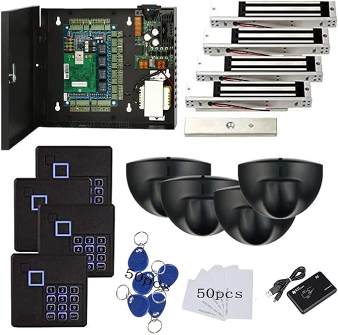 Request to Exit PIR Motion Sensor 4 Doors Access Control Electronmagnetic 600 LBS Magnetic Lock 110-240V Power Supply Box RFID Keypad Reader Keyfobs/Cards(Phone APP remotely Open Door)