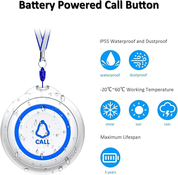 Caregiver Pager, METAK Wireless Call Button for Elderly/Senior at Home, 2 Receivers + 2 SOS Buttons, Emergency Panic Call Bell, Medical Life Alert Necklace System for Patients, Disabled, Nurses