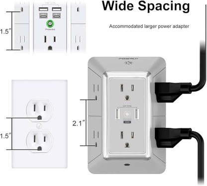 POWRUI Power Strip Surge Protector - 6 AC Outlets with 3 USB Ports (1 USB C), Night Light, 3-Sided Multi Plug Wall Extender with Spaced Outlets - Grey, ETL Listed