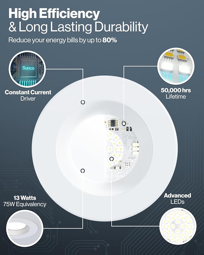 Sunco 12 Pack 6 Inch LED Recessed Light, Retrofit Downlight Can Lights for Ceiling, Baffle Trim, 1050 LM, 13W (75W Equivalent), 4000K Cool White, Dimmable, Damp Rated UL.