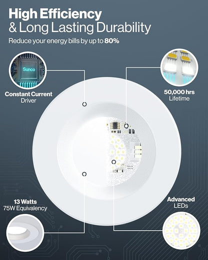 Sunco 12 Pack 6 Inch LED Recessed Light, Retrofit Downlight Can Lights for Ceiling, Baffle Trim, 1050 LM, 13W (75W Equivalent), 4000K Cool White, Dimmable, Damp Rated UL.