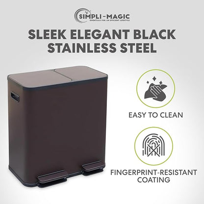 SIMPLI-Magic 18.5 Gallon (70L) Dual Compartment Kitchen Trash Can - Hands-Free Step Pedal, Soft-Close Lid, Stainless Steel Recycling Bin with Odor Filter (40L + 30L)