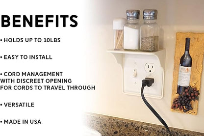 Power Perch Double Outlet Shelf Organizer for Alexa Echo Dot Speakers, Phone - Wall Outlet Holder with Cord Storage Strap - Socket Shelf Bathroom Kitchen Counter Charging Station - Almond 2 Pack