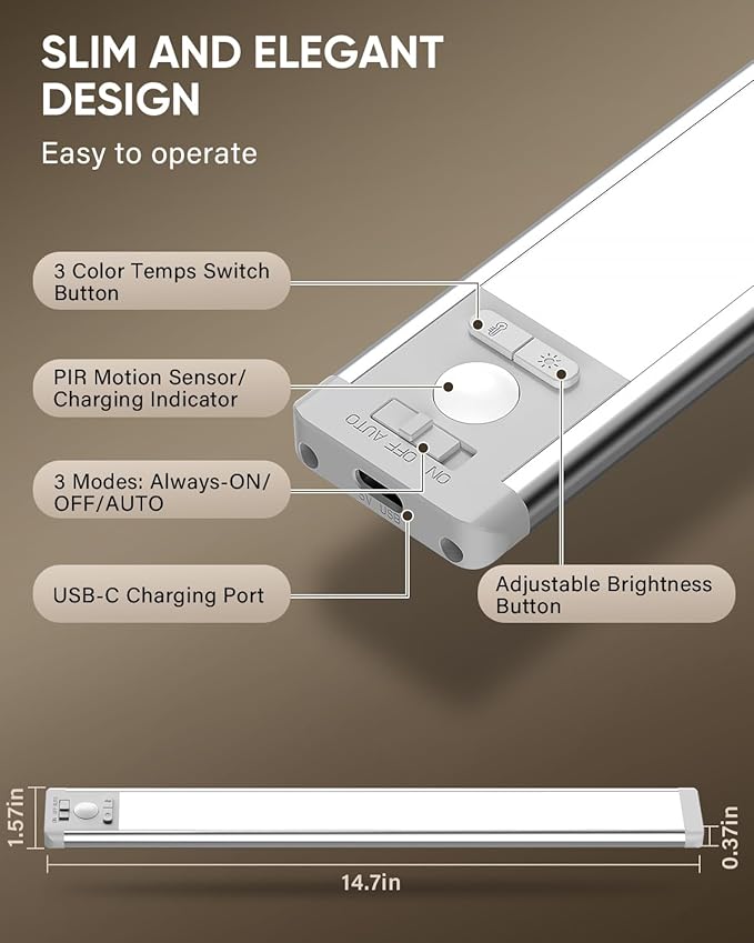 MCGOR 5 Pack 14.7inch Under Cabinet Lighting, Rechargeable Motion Sensor Light Indoor with 3 Color Temps, Dimmable Magnetic Led Closet Lights, Wireless Under Counter Lights for Kitchen, Stairs