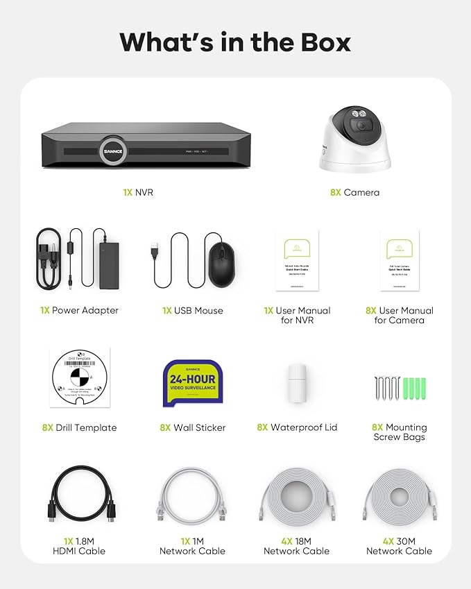 SANNCE 2K 3MP PoE Security Camera System - 8CH 6MP NVR with 8PCS 3MP HD Clear Full Color Night Vision Dome Surveillance Cameras, IP67 Weatherproof, Audio Recording (Without HDD)