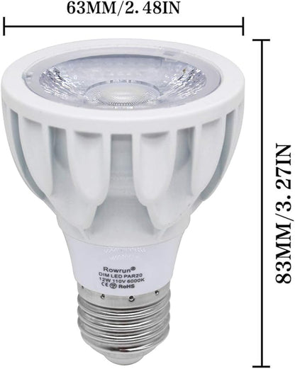 PAR20 LED Bulb 12W Dimmable 6000K Daylight White, COB Spotlight 24° Beam Angle, 1200LM 100W Equivalent, E26 Base for Recessed Lighting, Track Lights, Flood Lamps, (2-Pack)