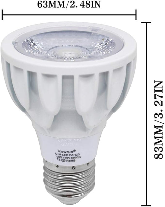 PAR20 LED Bulb 12W Dimmable 6000K Daylight White, COB Spotlight 24° Beam Angle, 1200LM 100W Equivalent, E26 Base for Recessed Lighting, Track Lights, Flood Lamps, (2-Pack)
