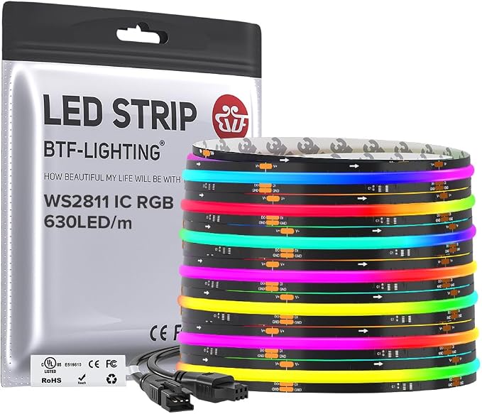 BTF-LIGHTING 24FT WS2811 Smart IC RGB DC24V FCOB COB LED Strip Light | UL Listed 630LEDs/m High Density Color Chasing Light 10mm Width Black PCB for Home DIY Lighting(No Adapter or Controller)