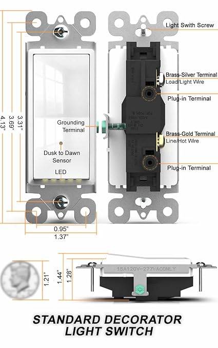 10Pack SOZULAMP-Illuminated-Light-Switch with Night Light, No Neutral Wire, Single Pole Decorator Rocker Switch, Dusk to Dawn LED Guide Light for Hallway Bathroom Stairs, 15A 120/277V, White