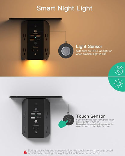 Mifaso Outlet Extender with Shelf and Night Light, 1800J Surge Protector | 5 Wide Outlet Splitter & 4 USB Ports Wall Charger, Multi Plug Wall Outlet, Plug Adapter for Home, Dorm, RV, Office, Black