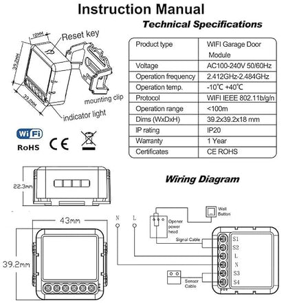 WiFi Garage Door Opener Controller, 1CH