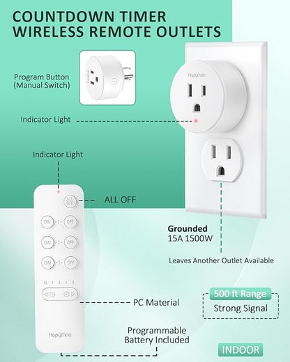 Remote Control Outlet Plug with Countdown Function, 15A/1500W, 500 Feet RF Range Wireless Light Switch, No Wiring Needed Remote Outlet for Small Electrical Appliance,3 Outlets & 1 Remote