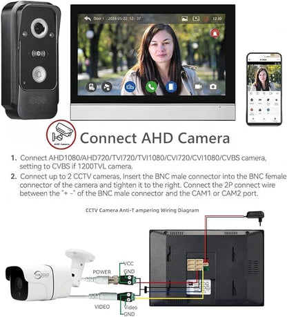 Wired Video Intercom System Tuya WiFi 7 Inch Touch Screen 1080P Doorbell Intelligent Tuya APP Intercom Kit with 3 in 1 Unlock Motion Detection,Anti-Tamper Alarm,32G (2 Bell+2 Monitor)