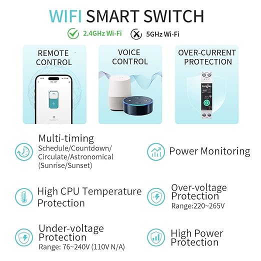 TONGOU Smart Home DIN Rail WiFi Switch, 1P+N 1‑63A, Over-Current Protection, Tuya/Smart Life Remote Control, Voice Control via Alexa &Google Assistant, Energy Monitor, Timer Functions, FCC Certified
