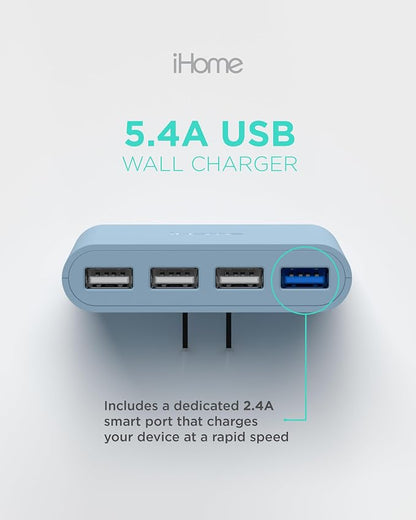 iHome Slim 4-Port USB Wall Charger, Flat Multiport Travel Plug Adapter | Foldable Prongs, 2.4A Rapid Charge Port, Charges iPhone, Android, iPad, AirPods, Travel-Friendly, Charging Block for Home Use