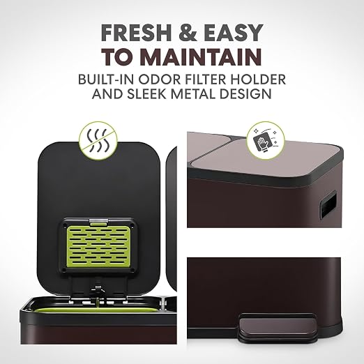 Simpli-Magic 60 Liter / 16 Gallon Rectangular Hands-Free Dual Compartment Recycling Kitchen Step Trash Can with Soft-Close Single Lid, Stainless Steel (30L x 30L Capacity) Brown
