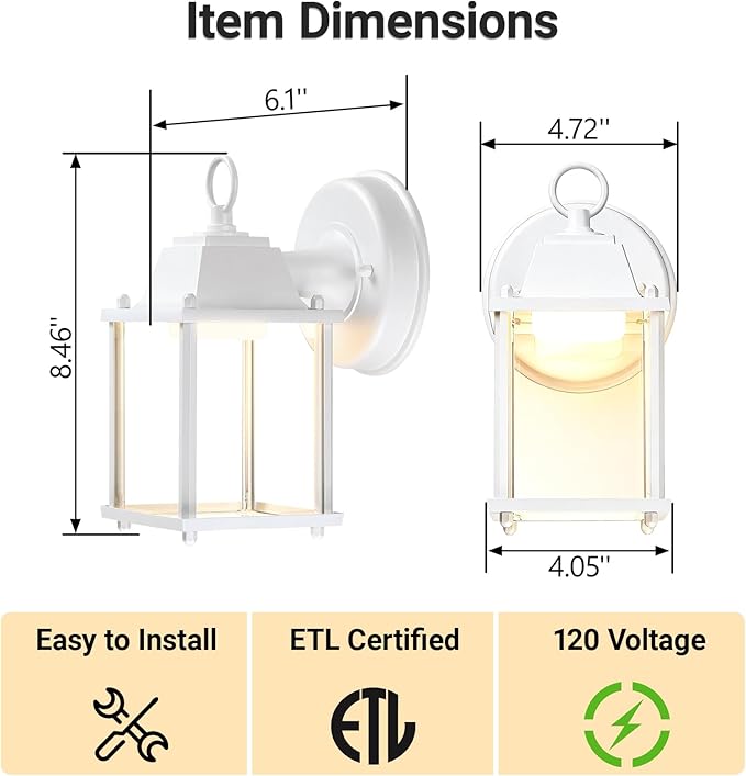 LIT-PaTH Outdoor LED Wall Lantern, Wall Sconce as Porch Light, 9.5W 800 Lumen, Aluminum Housing Plus Glass, 3000k-Matte White Finish, 2-Pack