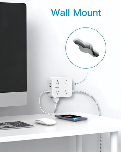 PD 30W USB C Power Strip Surge Protecor, HANYCONY 8 Outlets 4 USB(2 USB C Ports), 1080J Desk Charging Station for Multiple Devices, 10 Ft Flat Plug Extension Cord for College Dorm Room Essentials