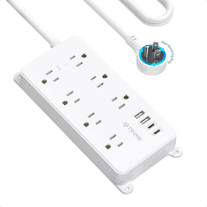 TROND 360° Rotating Plug Power Strip, ETL Listed, Flat Plug 10ft Extension Cord, 2 USB-A and 2 USB-C, Wall Mountable, 7 Widely-Spaced Outlets, 1700J Surge Protector, for Home Office Garage, White