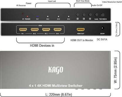 4K HDMI Multi Viewer (QuadView) with Remote – hdmi 4x1 Quad Multi-viewer,4 HDMI Inputs (Devices) &1 Output (Display), Up to 4K @30Hz, Seamless Switching