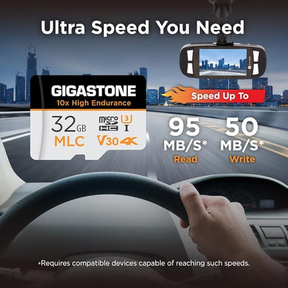 [10x High Endurance] GIGASTONE Industrial 32GB MLC Micro SD Card 2-Pack, 4K Video Recording, Security Cam, Dash Cam, Surveillance Compatible 95MB/s, U3 C10, with Adapter [5-Yrs Free Data Recovery]