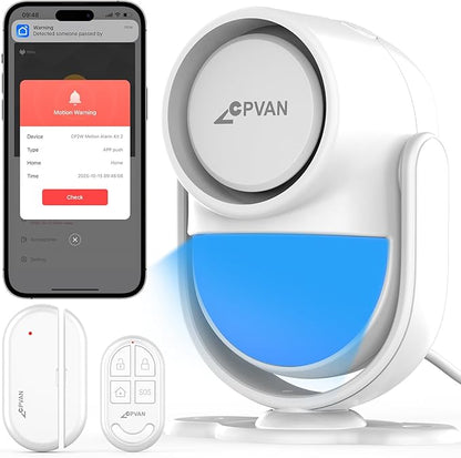 CPVAN WiFi Motion Sensor Alarm, 125dB Wireless DIY Smart PIR Motion Detector with Door/Window Sensor for Home Security System - On Spot Alarm & APP Alert, White