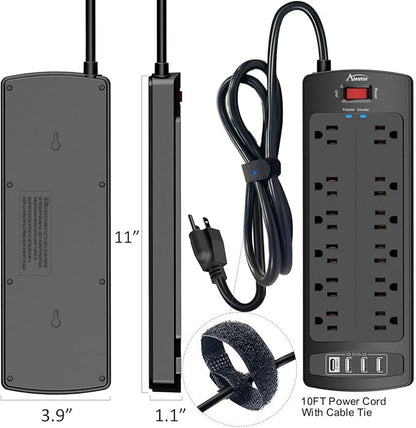Power Strip Surge Protector - ALESTOR 10 Feet Extension Cord (1875W/15A) with 12 Outlets and 4 USB Ports, 2700 Joules, for Home, School, College Dorm Room, and Office, ETL Listed, Black