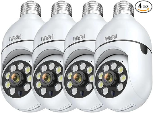 EVERSECU 4pack 1080P Wireless Light Bulb Security Camera, 2.4g & 5g WiFi, Auto Tracking, 2 Way Audio, Smart Night Vision, Support ONVIF & RTSP, Work with Alexa, SD Card & Cloud Storage, Free App