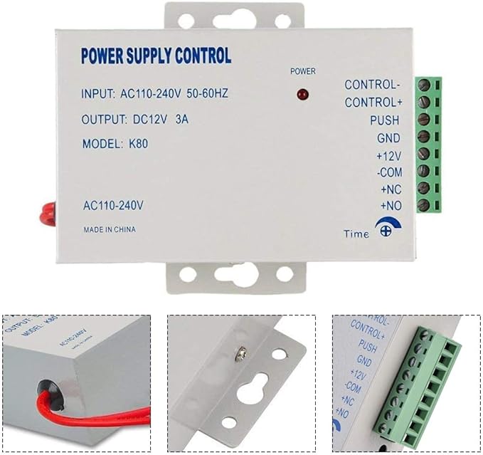 Access Control Power Supply for Door Intercom Doorbell, Various Electronic Door Locks, Video Doorbell System, K80 Power Supply Control Input AC 110-240V to Output DC 12V/3A, Worldwide Voltage