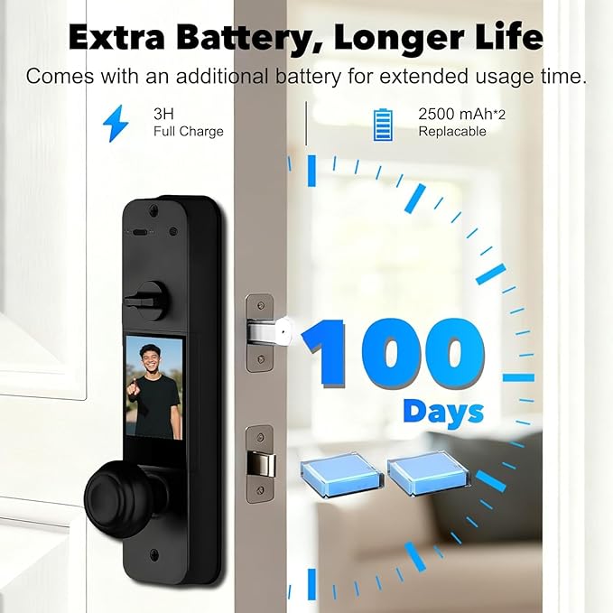 Matter Smart Lock with Camera & Doorbell, 3D Face Recognition Fingerprint WiFi Deadbolt, Keyless Entry Digital Keypad for Apartment, Works with Apple Home, Tuya App Control, Black