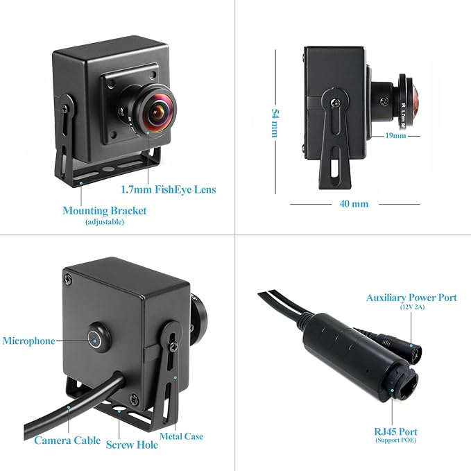TSEye Fisheye PoE Mini IP Camera, Built in Microphone, Ultra HD 2880 x 1620P@20fps, 1.7mm Panoramic Fisheye Lens, Wide-Angle Home Security Cam, P2P Remote Viewing (I706-3-P-A-TS Metal)